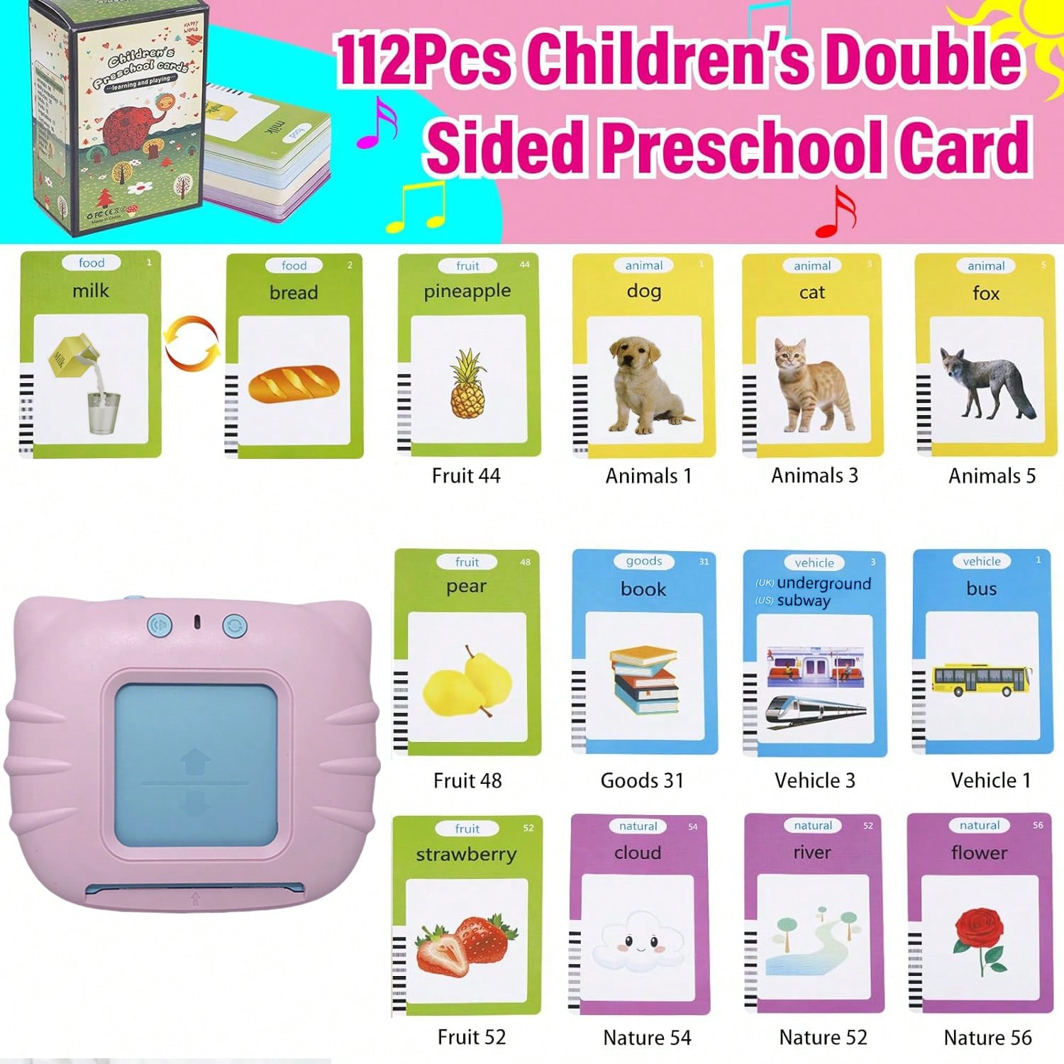 A selection of the 112 cards: milk, bread, pineapple, dog, cat, fox, pear, book, bus, strawberry, cloud, river, flower