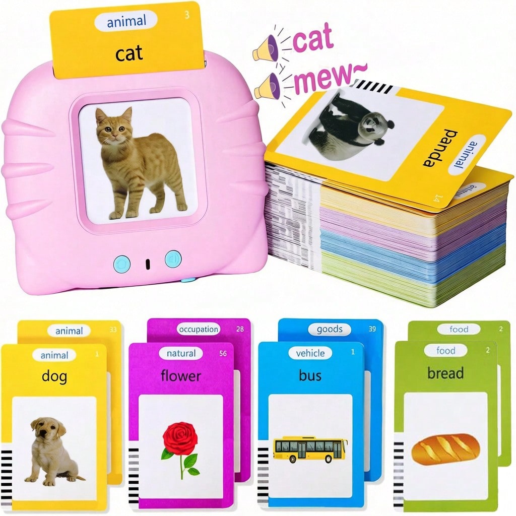Talking flash card reader with a cat card inserted, beside a stack of 112 colour-coded cards