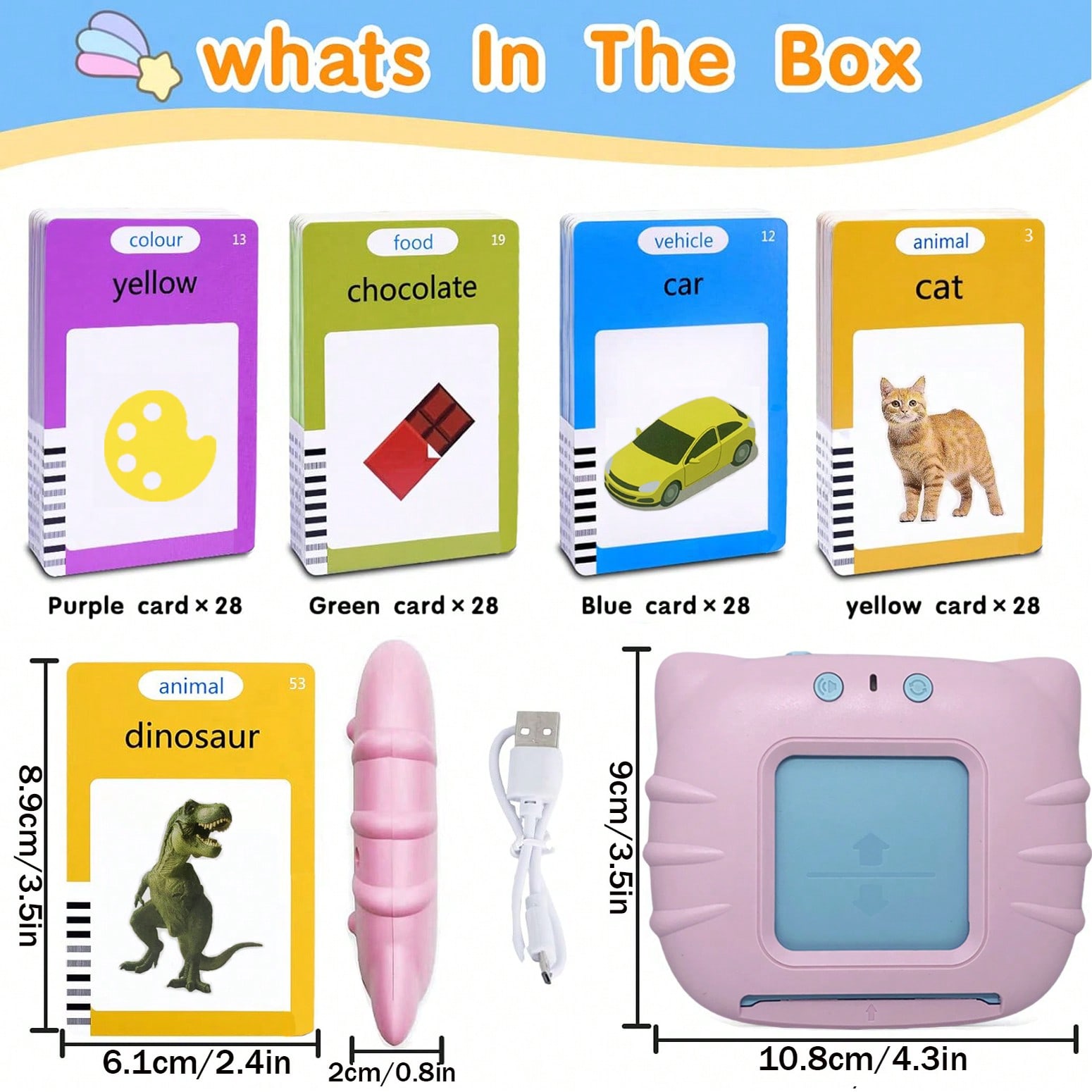 Four packs of 28 cards, a card, the reader and the USB cable, with dimensions marked